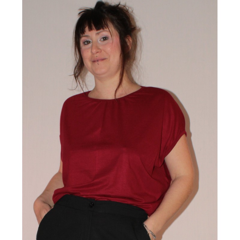 T-shirt femme manches chauves-souris, jersey de viscose uni bordeaux